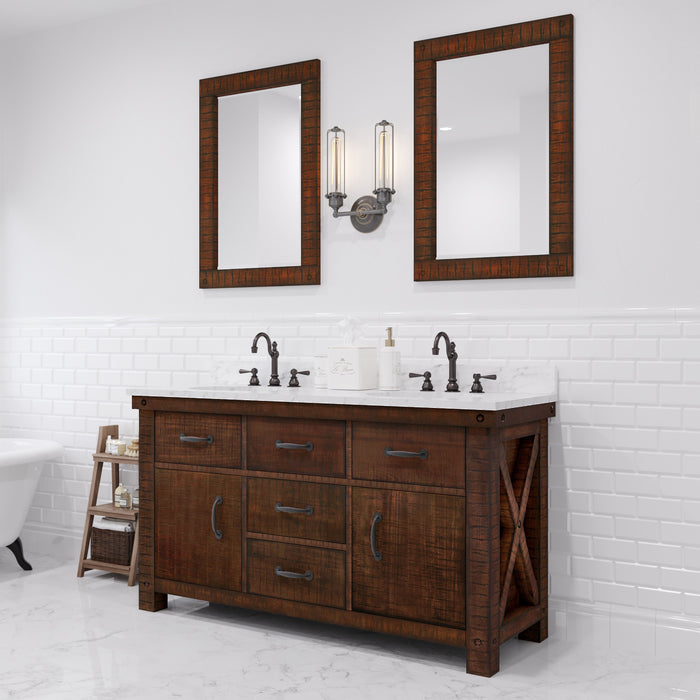 60" Dune Rustic Sienna Carrara White Marble Double Undermount Sink Vanity in Farmhouse Style with Matching Mirrors