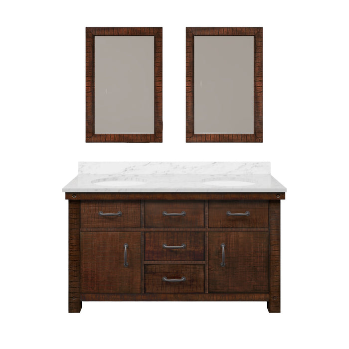 60" Dune Rustic Sienna Carrara White Marble Double Undermount Sink Vanity in Farmhouse Style with Matching Mirrors