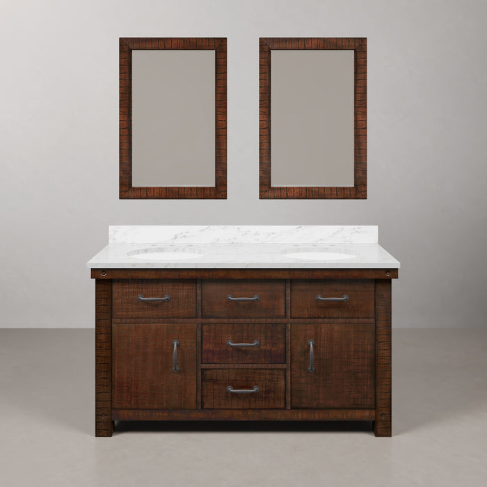 60" Dune Rustic Sienna Carrara White Marble Double Undermount Sink Vanity in Farmhouse Style with Matching Mirrors