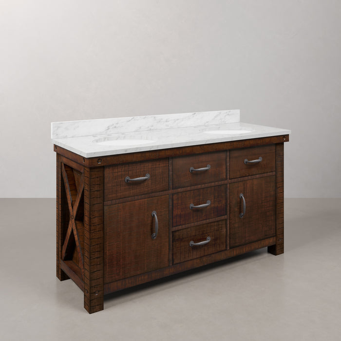 60" Dune Rustic Sienna Carrara White Marble Double Undermount Sink Vanity in Farmhouse Style with Matching Mirrors