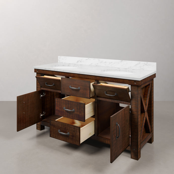 60" Dune Rustic Sienna Carrara White Marble Double Undermount Sink Vanity in Farmhouse Style with Matching Mirrors