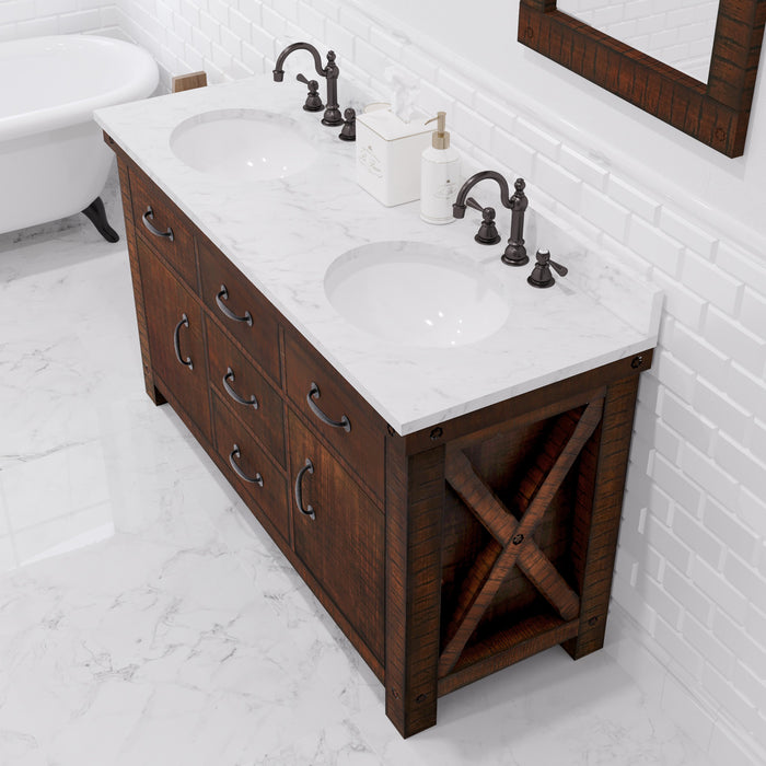 60" Dune Rustic Sienna Carrara White Marble Double Undermount Sink Vanity in Farmhouse Style with Matching Mirrors