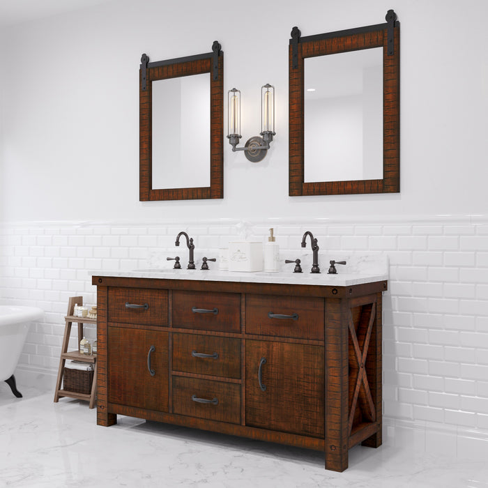 60 Inch Delos Double Sink Farmhouse Bathroom Vanity in Rustic Sienna with Carrara White Marble and Barn Door Mirror