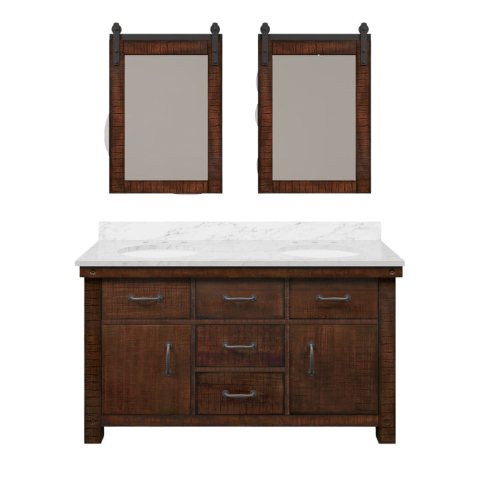 60 Inch Delos Double Sink Farmhouse Bathroom Vanity in Rustic Sienna with Carrara White Marble and Barn Door Mirror