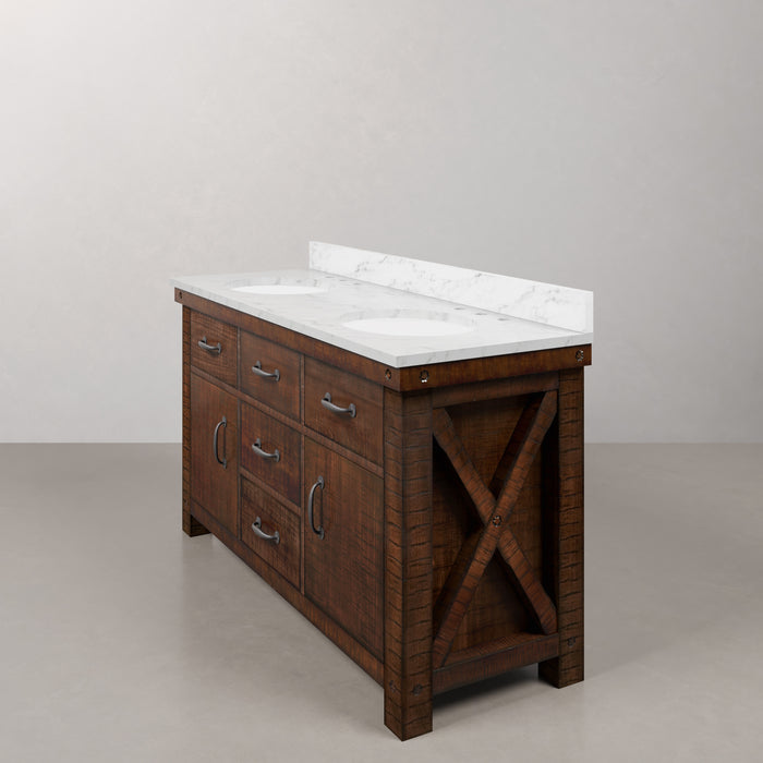 60 Inch Delos Double Sink Farmhouse Bathroom Vanity in Rustic Sienna with Carrara White Marble and Barn Door Mirror