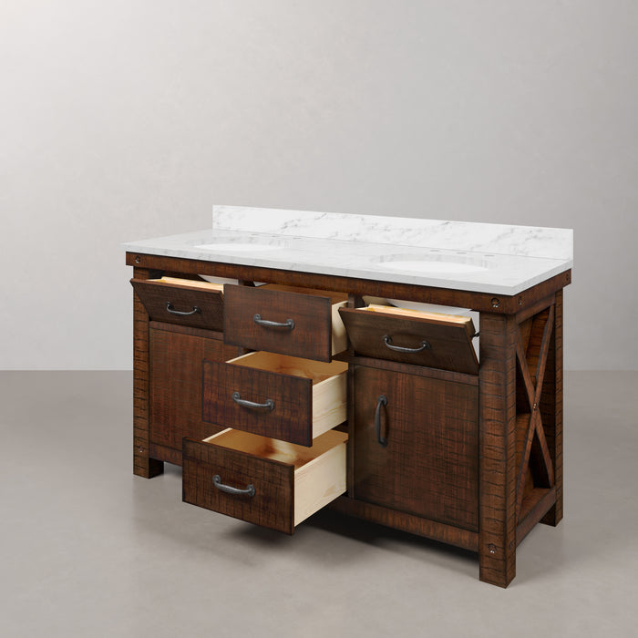 60 Inch Delos Double Sink Farmhouse Bathroom Vanity in Rustic Sienna with Carrara White Marble and Barn Door Mirror