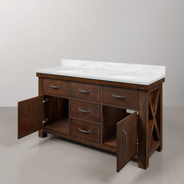 60 Inch Delos Double Sink Farmhouse Bathroom Vanity in Rustic Sienna with Carrara White Marble and Barn Door Mirror