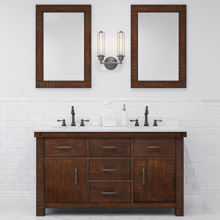 60 Inch Delos Double Sink Farmhouse Bathroom Vanity in Rustic Sienna with Carrara White Marble and Barn Door Mirror