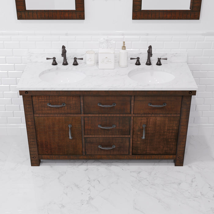 60 Inch Delos Double Sink Farmhouse Bathroom Vanity in Rustic Sienna with Carrara White Marble and Barn Door Mirror