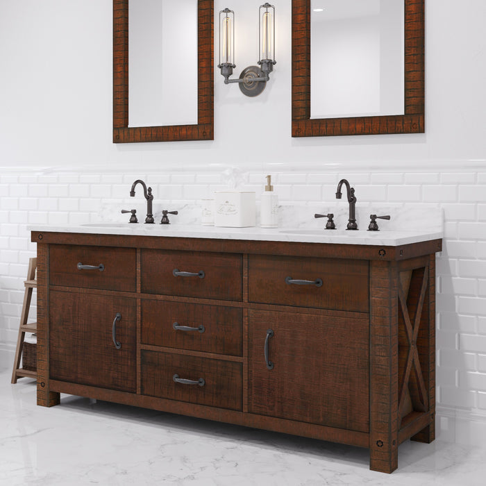72 Inch Echo Carrara White Marble Double Undermount Sink Vanity in Rustic Sienna
