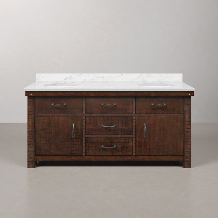 72 Inch Echo Carrara White Marble Double Undermount Sink Vanity in Rustic Sienna