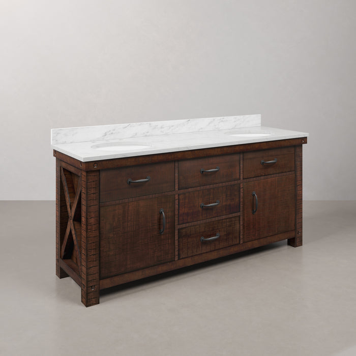 72 Inch Echo Carrara White Marble Double Undermount Sink Vanity in Rustic Sienna