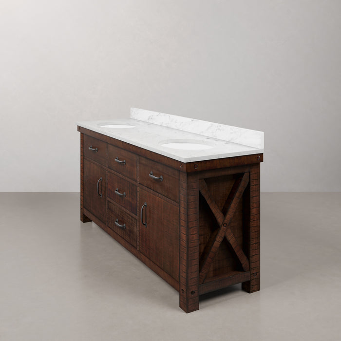 72 Inch Echo Carrara White Marble Double Undermount Sink Vanity in Rustic Sienna