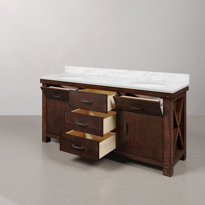 72 Inch Echo Carrara White Marble Double Undermount Sink Vanity in Rustic Sienna