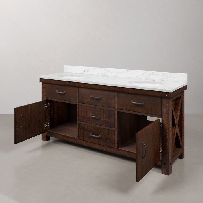72 Inch Echo Carrara White Marble Double Undermount Sink Vanity in Rustic Sienna