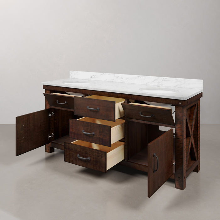72 Inch Echo Carrara White Marble Double Undermount Sink Vanity in Rustic Sienna
