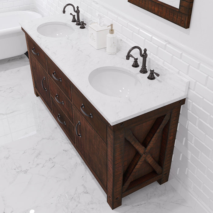 72 Inch Echo Carrara White Marble Double Undermount Sink Vanity in Rustic Sienna