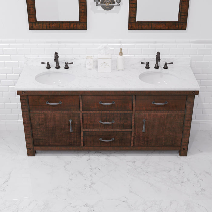 72 Inch Echo Carrara White Marble Double Undermount Sink Vanity in Rustic Sienna