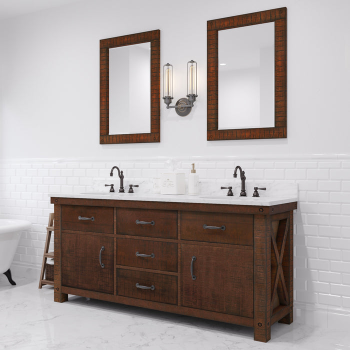 72 Inch Equinox Double Vanity Rustic Sienna Finish with White Marble Top & Mirrors