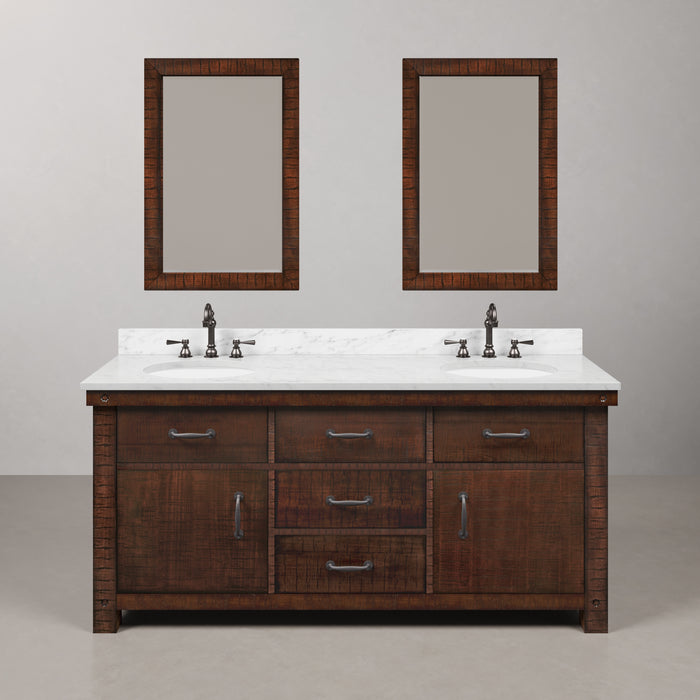72 Inch Equinox Double Vanity Rustic Sienna Finish with White Marble Top & Mirrors