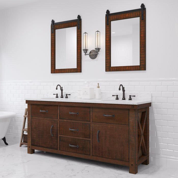 72" Enclave Double Sink Bathroom Vanity Rustic Sienna with Carrara Marble and Bronze Faucets & Mirror