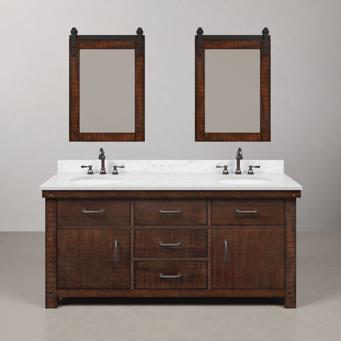 72" Enclave Double Sink Bathroom Vanity Rustic Sienna with Carrara Marble and Bronze Faucets & Mirror