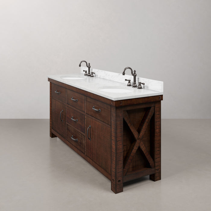 72" Enclave Double Sink Bathroom Vanity Rustic Sienna with Carrara Marble and Bronze Faucets & Mirror