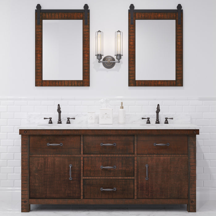 72" Enclave Double Sink Bathroom Vanity Rustic Sienna with Carrara Marble and Bronze Faucets & Mirror
