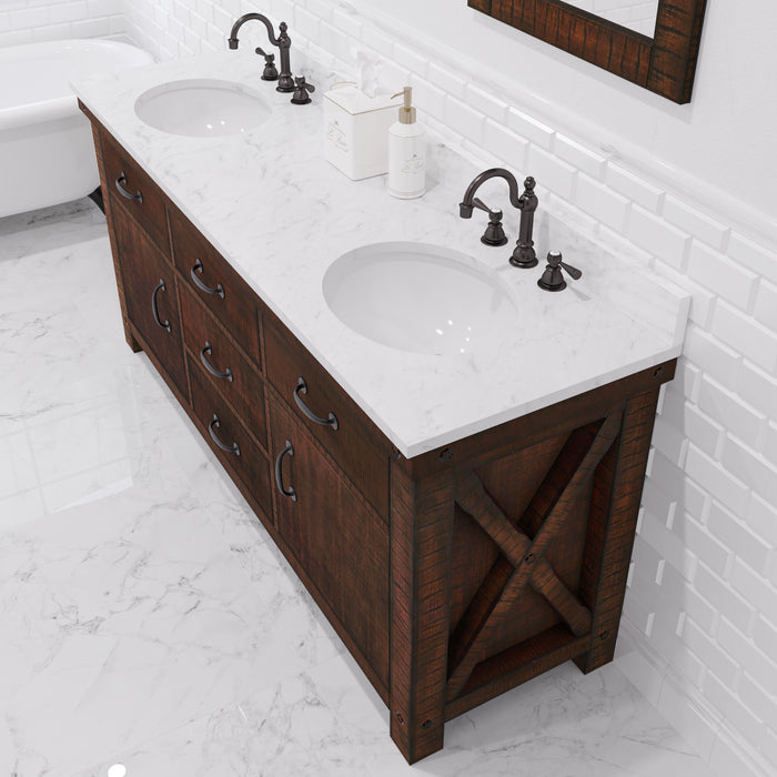 72" Enclave Double Sink Bathroom Vanity Rustic Sienna with Carrara Marble and Bronze Faucets & Mirror