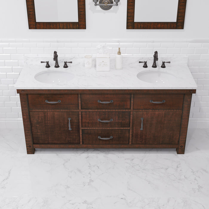 72" Enclave Double Sink Bathroom Vanity Rustic Sienna with Carrara Marble and Bronze Faucets & Mirror