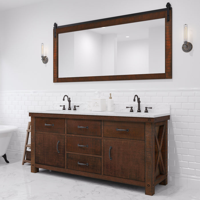 72 Inch Ember Double Sink Bathroom Vanity Set Rustic Sienna with Marble Top Faucets and Barn Door Mirror