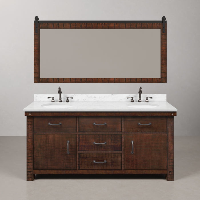 72 Inch Ember Double Sink Bathroom Vanity Set Rustic Sienna with Marble Top Faucets and Barn Door Mirror