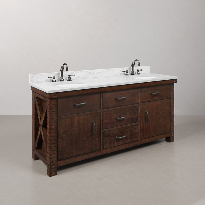 72 Inch Ember Double Sink Bathroom Vanity Set Rustic Sienna with Marble Top Faucets and Barn Door Mirror