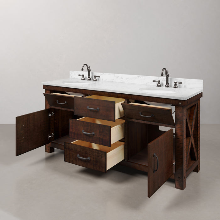 72 Inch Ember Double Sink Bathroom Vanity Set Rustic Sienna with Marble Top Faucets and Barn Door Mirror
