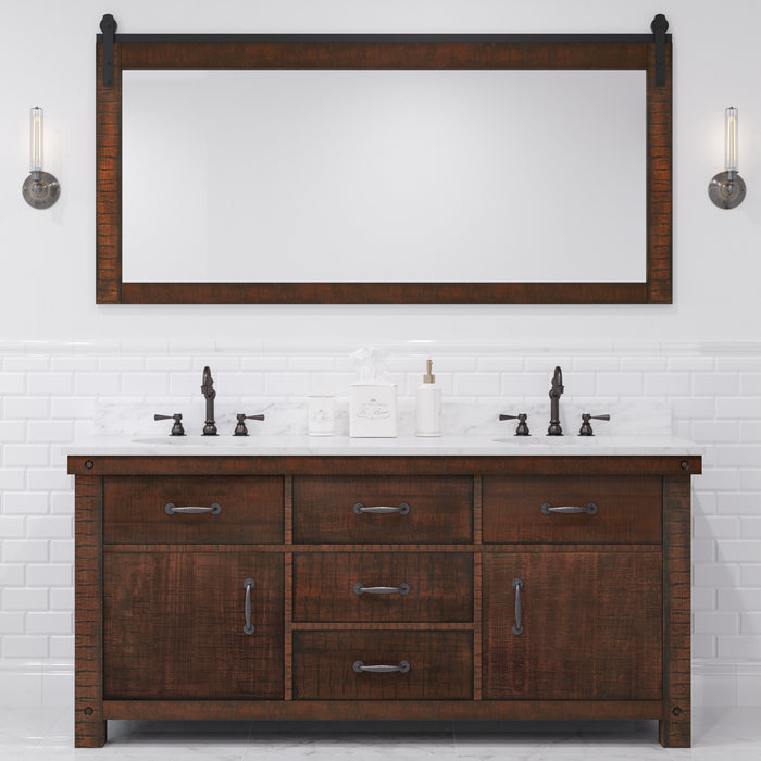 72 Inch Ember Double Sink Bathroom Vanity Set Rustic Sienna with Marble Top Faucets and Barn Door Mirror