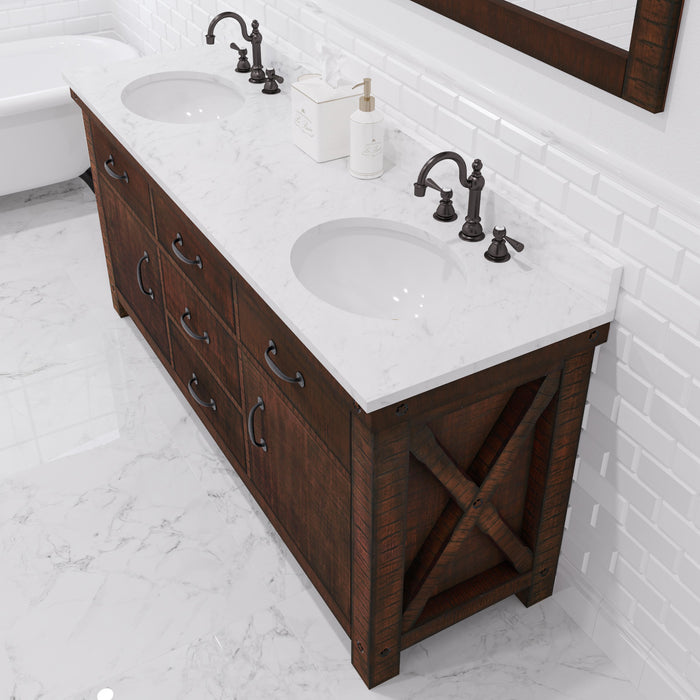 72 Inch Ember Double Sink Bathroom Vanity Set Rustic Sienna with Marble Top Faucets and Barn Door Mirror