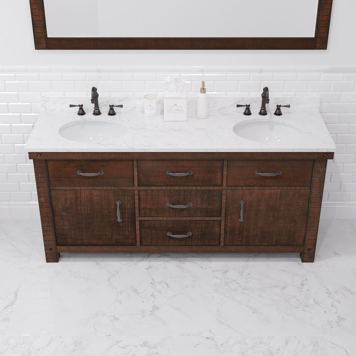 72 Inch Ember Double Sink Bathroom Vanity Set Rustic Sienna with Marble Top Faucets and Barn Door Mirror