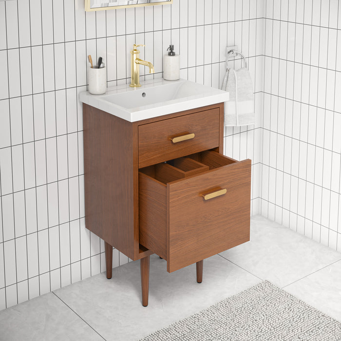 20" Honey Walnut Estrella Bathroom Vanity Mid-Century Modern with Integrated Ceramic Sink & Satin Gold Faucet