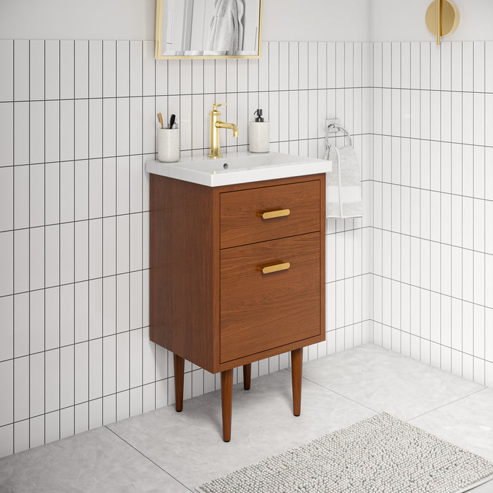 20" Honey Walnut Estrella Bathroom Vanity Mid-Century Modern with Integrated Ceramic Sink & Satin Gold Faucet