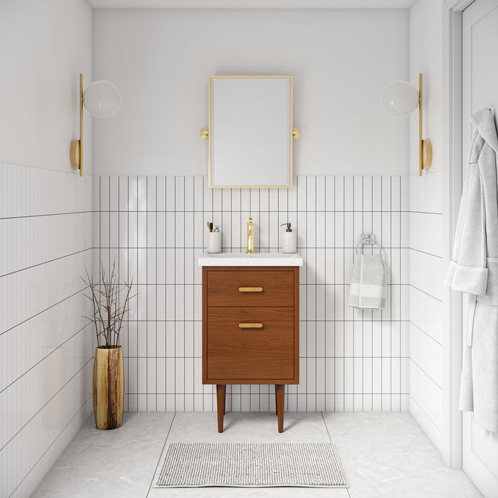 20" Honey Walnut Estrella Bathroom Vanity Mid-Century Modern with Integrated Ceramic Sink & Satin Gold Faucet