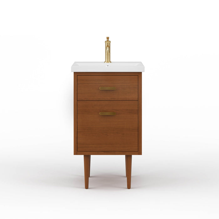 20" Honey Walnut Estrella Bathroom Vanity Mid-Century Modern with Integrated Ceramic Sink & Satin Gold Faucet