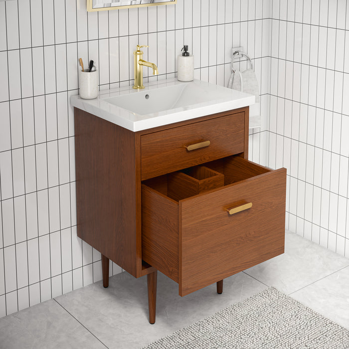24" Evoke Honey Walnut Freestanding Vanity - Ceramic Integrated Sink with Satin Gold Hardware