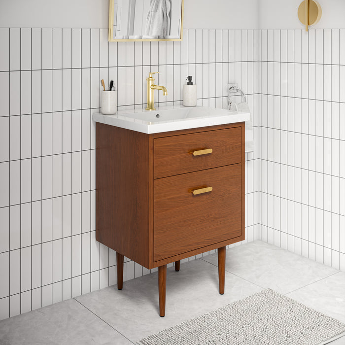 24" Evoke Honey Walnut Freestanding Vanity - Ceramic Integrated Sink with Satin Gold Hardware