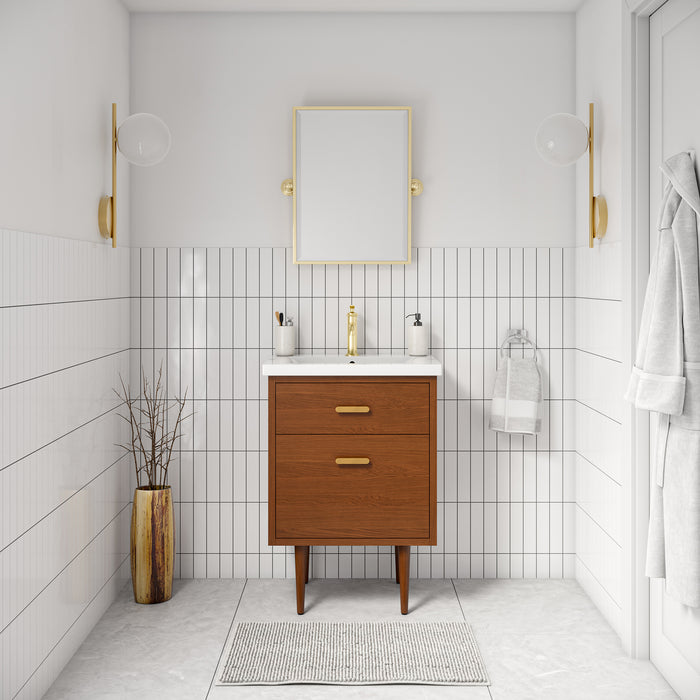 24 Inch Everest Freestanding Vanity Honey Walnut Finish with White Ceramic Integrated Sink