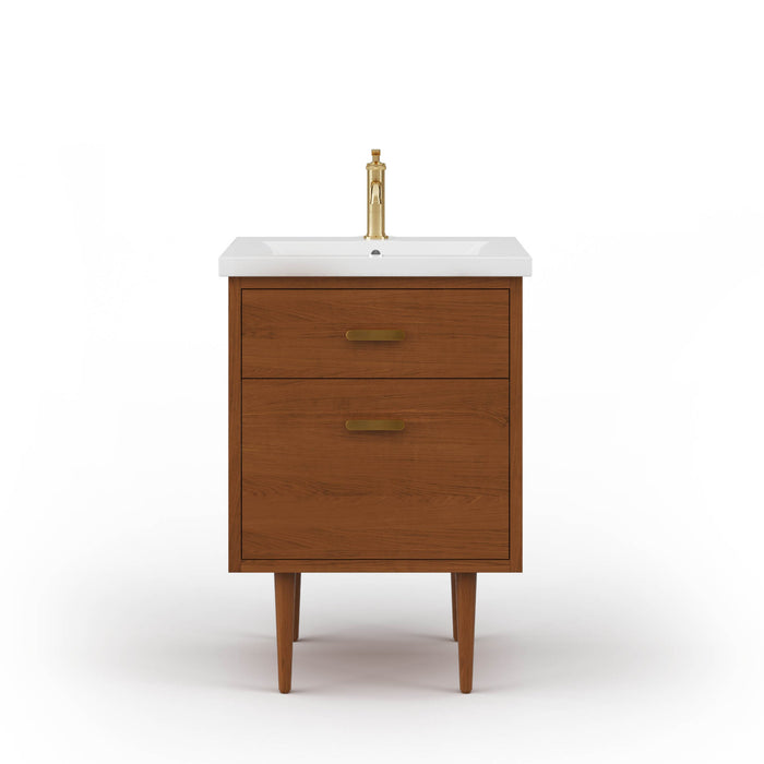 24" Evoke Honey Walnut Freestanding Vanity - Ceramic Integrated Sink with Satin Gold Hardware