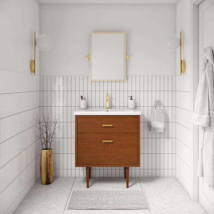 30" Expanse Mid-Century Modern Vanity in Honey Walnut with White Ceramic Countertop