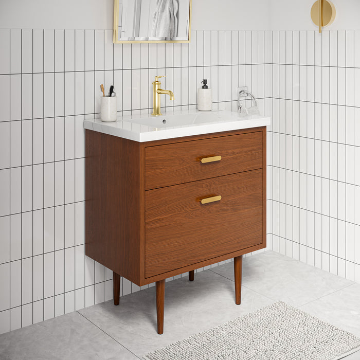 30" Expanse Mid-Century Modern Vanity in Honey Walnut with White Ceramic Countertop