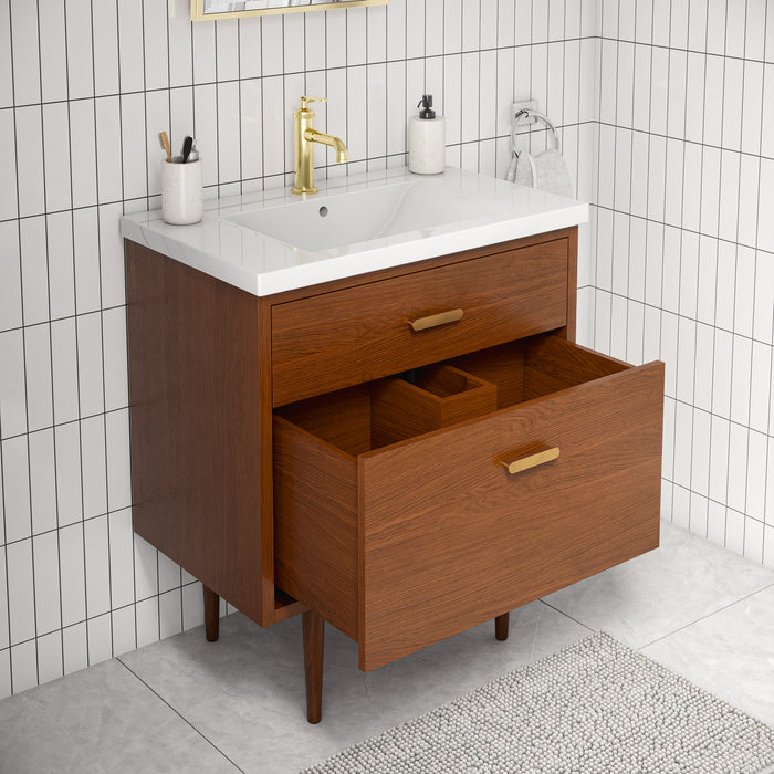 30" Expanse Mid-Century Modern Vanity in Honey Walnut with White Ceramic Countertop