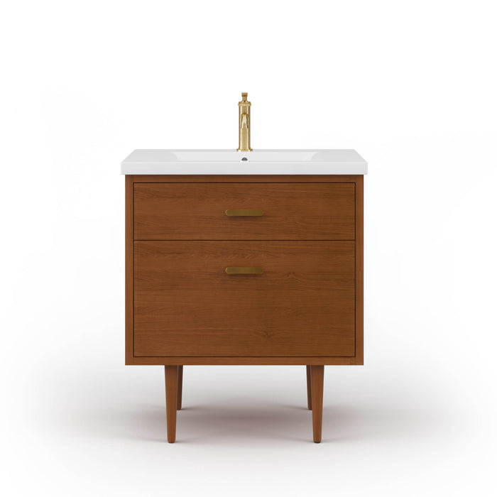 30" Expanse Mid-Century Modern Vanity in Honey Walnut with White Ceramic Countertop
