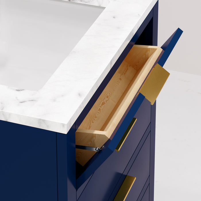 24 Inch Carrara White Marble Single Sink Bathroom Vanity - Monarch Blue with Satin Gold Faucet & Mirror